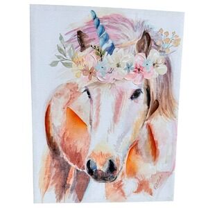 Watercolor Unicorn Floral Crown Restreake Canvas Wall Art Print Home Decor 18x26